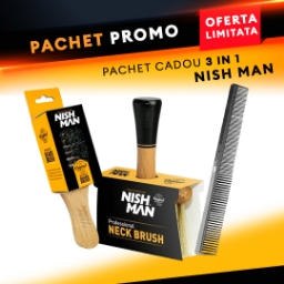 NISH MAN- Pachet cadou 3 in 1 - Perie de barba + Pamatuf frizerie + Pieptene