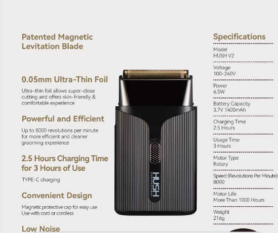 Imagine Masina de ras shaver HUSH-SHAVE V2  - 8000 RPM - fara fir 